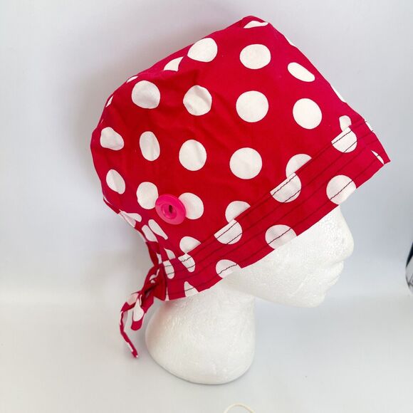 Unisex Surgical Scrub Hat With Matching Mask Red Polka Dots - Picture 7 of 12